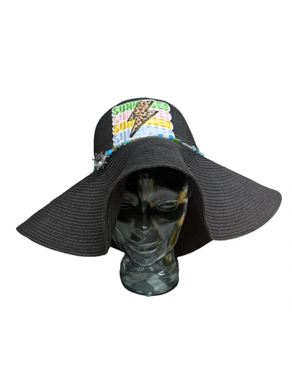 Boho Beachy "Sunkissed" Black Straw Sun Hat with Leopard Lightning Bolt - Picture 4 of 4